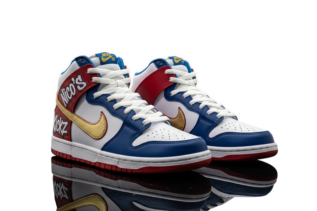 Nike dunk sb high with name of business as Nico's Kickz
